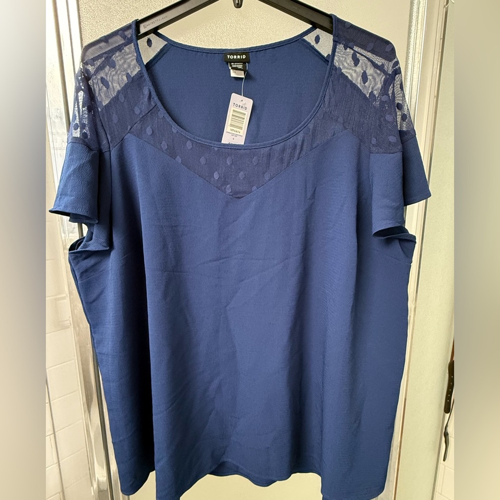 Torrid Navy Blouse with Sheer Polka Dot Detail
